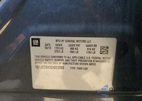 2012 Chevrolet Sonic Lt z USA, uszkodzony, nr VIN 1G1JC5SH3C4222663